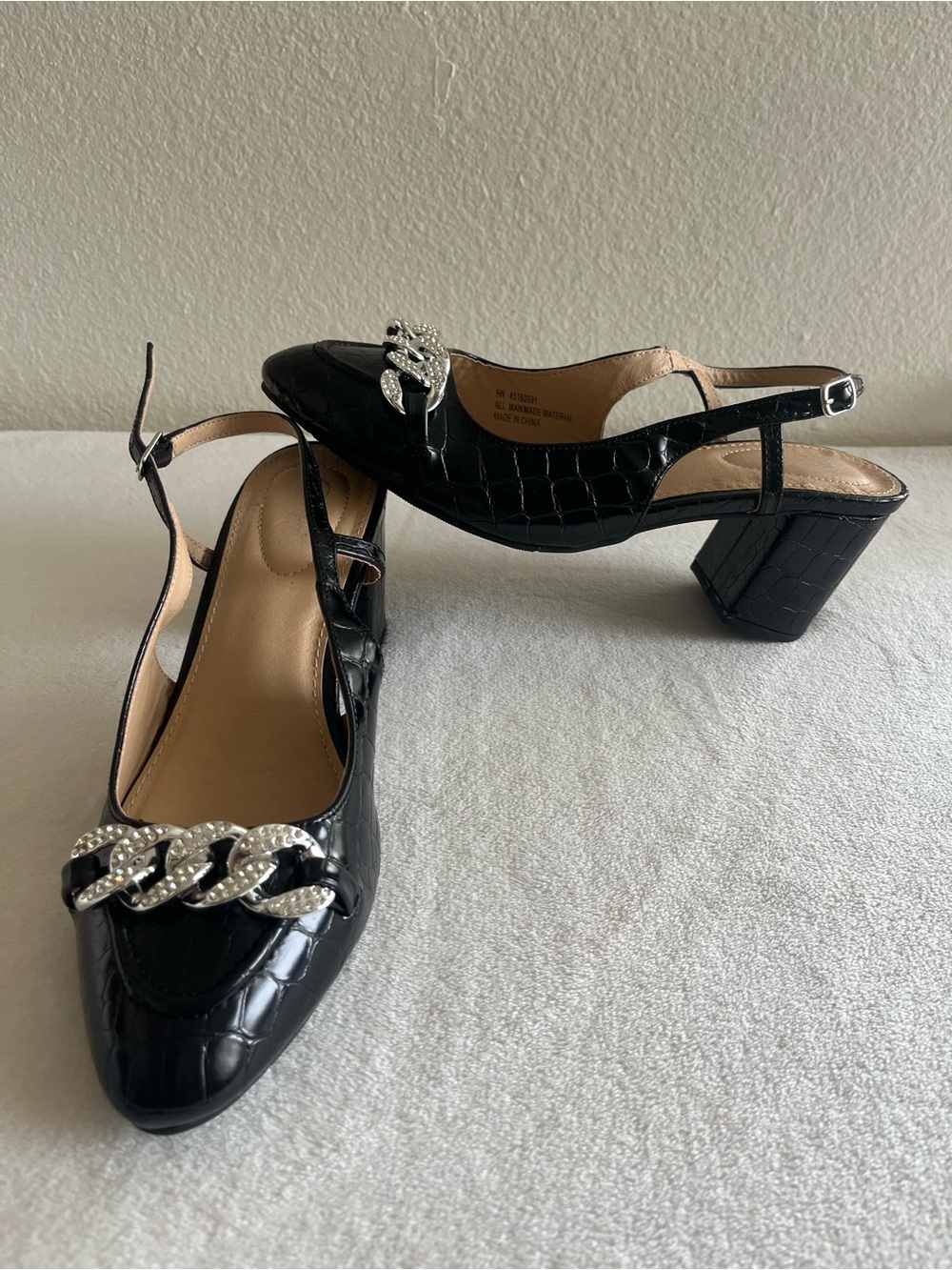 Comfort Black Croc-Embossed Slingback Heels with Crystal Chain Accent 9W